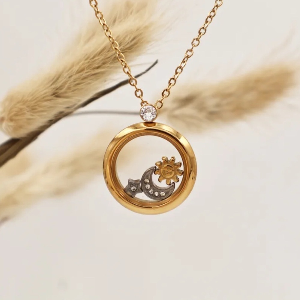 18K Gold Sun, Moon & Stars Celestial Floating Locket Necklace Bohemian No Fade